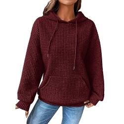 Damen Waffelmuster Hoodie Oversize Kapuzenpullover Langarm Sweatshirt mit Kapuze Solid Color Leicht Pullover Frühling Herbst Langarmshirt Pulli Plaid Hoody mit Kängurutasche Rot L von unilarinna