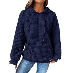 Damen Waffelmuster Hoodie Oversize Kapuzenpullover Langarm Sweatshirt mit Kapuze Solid Color Leicht Pullover Frühling Herbst Langarmshirt Pulli Plaid Hoody mit Kängurutasche von unilarinna