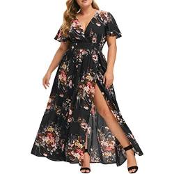 Plus Size Maxikleider Mode Sommerkleid Damen Blumendruck V-Ausschnitt Abendkleid Kurzarm Freizeitkleid Kurzärmliges Kleid mit für in Übergröße Schönes Tunikakleid Partykleid Black 2XL von unilarinna