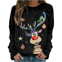 Weihnachtspullover Damen Merry Christmas Sweatshirt Lustig Rudolph Rentier Druck Baumwolle Weihnachten Weihnachts Xmas Pullover Weihnachtspulli Teenager Mädchen Rundhals Langarm Sweat Oberteile von unilarinna