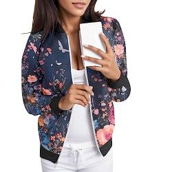 unilarinna Bomberjacke Mit Blumen Damen Damenjacke Outwear Kurz Coat Damen Bomberjacke Langarm Jacket leichte Fliegerjacke Blouson Pilotenjacke Herbst Frühling College Jacke von unilarinna