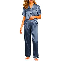 unilarinna Schlafanzug Satin Damen Lang Pyjamas Klassische Nachtwäsche mit Knopfleiste Zweiteiliger Button Pyjama Sets Seide Pjs Set Loungewear von unilarinna