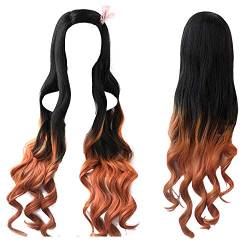 Damen Kamado Nezuko Cosplay Perücke 94 cm lang gelockt schwarz orange Farbverlauf Haar mit Perückenkappe rosa Schleife von unknow