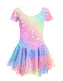 untlet Ballett Tanzkleid Kinder Ballettanzug Ballettkleidung Mädchen Ballettkleid Kurzarm Ballett Outfit Bunt Ballerina Kleid U-Ausschnitt Balletttrikot mit Rock Tütü,Regenbogen,130 von untlet