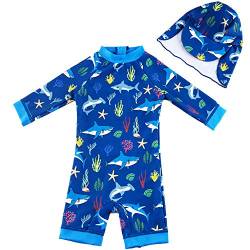upandfast Baby Badeanzug mit Sonnenhut UPF 50+ Badebekleidung für Baby Mädchen/Jungen (Hai, 12-18 Monate) von upandfast