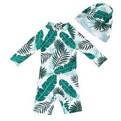 upandfast Baby Jungen Badeanzug mit Sonnenhut UPF 50+ Einteiliger Reißverschluss Kleinkind Badeanzug(Grüne Blätter,9-12 Monate) von upandfast
