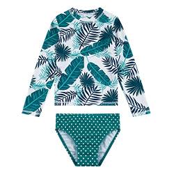 upandfast Mädchen Surfanzug Langärmlige Atmungsaktiver Tankini Bikini-Set für Kleine Mädchen(Grüne Federn,7 Jahre) von upandfast