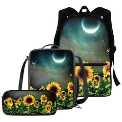 urtradezz 3-in-1 Schul-Büchertaschen mit Mond-Sonnenblumen-Motiv, bedruckt, 40,6 cm, Sonnenblumen-Rucksack, Schultaschen-Set mit Reißverschluss, Federmäppchen, isoliertes Lunchbox-Set für Damen und von urtradezz