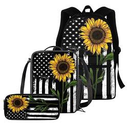 urtradezz Schulbüchertaschen-Set mit Sonnenblumen-Flaggen, bedruckt, für Damen und Mädchen, 3-teilig, Sonnenblumen-Rucksack, Schultaschen mit Federmäppchen, isolierte Lunchbox, Flaggen Sonnenblume, von urtradezz