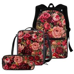 urtradezz Stilvolles Rosen-Schultaschen-Set für Teenager, Mädchen, 3-teilig, rote Rose, Rucksack-Set mit Federmäppchen, Thermo-Lunchbox für Damen, niedlicher lässiger Tagesrucksack mit Fronttasche, von urtradezz