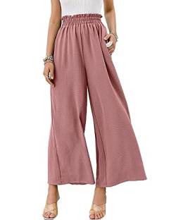 utcoco Damen Casual Baumwolle Leinen Elastisch Hohe Taille Wide Leg Cropped Hose, rosa - dusty pink, Klein von utcoco