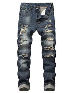 utcoco Herren Slim Fit Mid Waist Straight Leg Ripped Distressed Holes Classic Denim Patches Jeans, Dunkelblau1, 48 von utcoco
