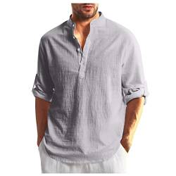 Henley Shirt Herren Langarm Leinenhemd Sommer Slim Fit T-Shirt Leinenkleid Outdoor Oversize Regular Langarmshirt Islamische Kleidung T-Shirts Shorts Herren Grau L von uxxnjfg