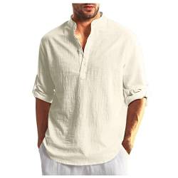 Henley Shirt Herren Langarm Leinenhemd Sommer Slim Fit T-Shirt Leinenkleid Oversize Freizeit Modern Langarmshirt Islamische Kleidung T-Shirt V-Ausschnitt Herren Beige XXL von uxxnjfg