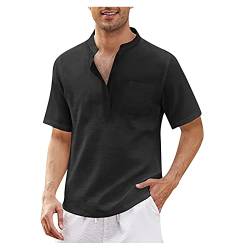 Herren T Shirt Leinen Sweatshirt Henley Kurzarm T-Shirt Freizeit Slim Fit Sommer Günstig Kleider Sport Oversize Outdoor T Shirts Kleidung Clothes Outfits Schwarz XL von uxxnjfg