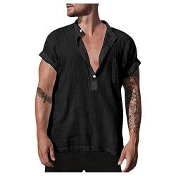 Herren T Shirt Leinen Sweatshirt Henley Kurzarm T-Shirt Freizeit Sommer Slim Fit Günstig Kleider Basic Regular Modern T Shirts Kleidung Clothes Outfits Schwarz L von uxxnjfg