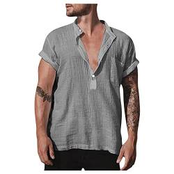 Shirt Herren Leinen Sweatshirt Henley Kurzarm T-Shirt Freizeit Slim Fit Sommer Günstig Kleider Outdoor Modern Regular T Shirts Kleidung Clothes Outfits Grau XL von uxxnjfg