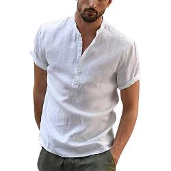 Tshirt Herren Leinen Sweatshirt V-Ausschnitt Kurzarm T Shirts Slim Fit Freizeit Sommer Günstig Kleider Regular Sport Modern Shirts Kleidung Clothes Outfits Weiss XL von uxxnjfg