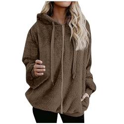 uxxnjfg Fleecejacke Damen mit Kapuze Winterjacke Mode Outdoor Warme Sweatjacke Hoodie Pullover Sweatshirt Basic Einfarbige Jacke Winter Herbst Strickjacke Weihnachts Kleidung Damen khaki XXL von uxxnjfg