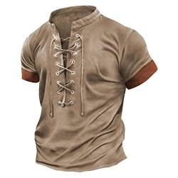 uxxnjfg Herren Vintage Steampunk Poloshirt Vintage Mittelalter Kostüm Barock Wikinger König Kurzarm Kleid Kostüm Halloween Herren Gruselig Relaxo Kostüm Fasching Outfit Cosplay Performance Khaki 4XL von uxxnjfg