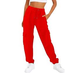 uxxnjfg Hosen Damen, Jogginghose Lang Winter Cargohose Fitness Sport Frühling Trainingshose Modern Casual Warme Sweatpants mit Taschen Slim Fit High Waist Jogging Hose für Frauen rot S von uxxnjfg