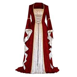 uxxnjfg Mittelalter Kleidung Damen Retro Kleid Lang Königin Hexe Vampir Glockenärmel Kleidung Renaissance Barock Steampunk Horror Große Größen Mittelalter Kleidung Festliche Kleidung Damen Wein 5XL von uxxnjfg