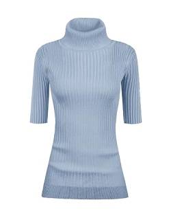 v28 Damen Rollkragenpullover mit halben Ärmeln, hochdehnbarer Rippstrick-Pullover, Hell, blau, X-Klein von v28