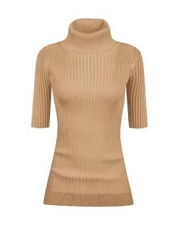 v28 Damen Rollkragenpullover mit halben Ärmeln, hochdehnbarer Rippstrick-Pullover, Khaki, X-Groß von v28