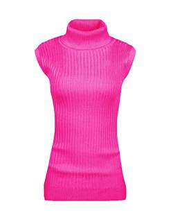 v28 Frauen ärmellose hohe Hals Rollkragen Stretchable Knit Sweater Top, Knallpink (Hot Pink), X-Groß von v28