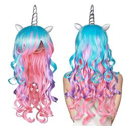 Vamei Lockiges Haar Perücke Einhorn Perücke Lang Damen Perücke Cosplay Regenbogen Perücke Damen Echthaarperücken für Frauen mit Einhornohren und Einhornhorn für Einhorn Party Halloween Karneval Kostüm von vamei