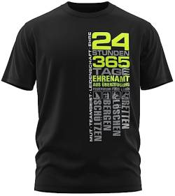 Feuerwehr - 24 Stunden 365 Tage Retten, Löschen, Bergen, Schützen 112 - Ehrenamt Freiwillige Feuerwehr Spruch Motiv - Herren T-Shirt und Männer Tshirt, Farbe:Schwarz/Neon Gelb, Größe:L von vanVerden