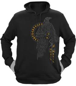 NØRTH Legendary Herren Hoodie mit Kapuze - Hugin und Munin Odin Raben - nordische Wikinger Walhalla Geschenke für Männer, Valhalla Viking Herren Pullover, Farbe:Schwarz/Gelb, Größe:3XL von vanVerden