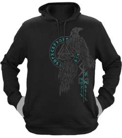 NØRTH Legendary Herren Hoodie mit Kapuze - Hugin und Munin Odin Raben - nordische Wikinger Walhalla Geschenke für Männer, Valhalla Viking Herren Pullover, Farbe:Schwarz/Petrol, Größe:XXL von vanVerden