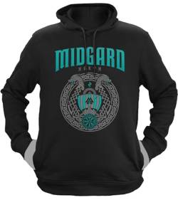 NØRTH Legendary Herren Hoodie mit Kapuze - Midgard - Floki Drachenboot - nordische Wikinger Walhalla Geschenke für Männer, Valhalla Viking Herren Pullover, Farbe:Schwarz/Petrol, Größe:3XL von vanVerden