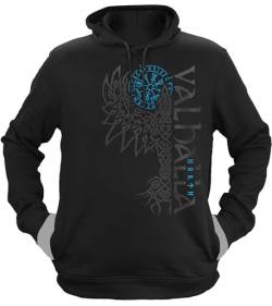 NØRTH Legendary Herren Hoodie mit Kapuze - Valhalla Odin Rabe Hugin Munin - nordische Wikinger Walhalla Geschenke für Männer, Valhalla Viking Herren Pullover, Farbe:Schwarz/Blau, Größe:XS von vanVerden