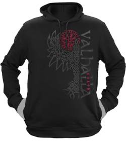 NØRTH Legendary Herren Hoodie mit Kapuze - Valhalla Odin Rabe Hugin Munin - nordische Wikinger Walhalla Geschenke für Männer, Valhalla Viking Herren Pullover, Farbe:Schwarz/Blutrot, Größe:XS von vanVerden