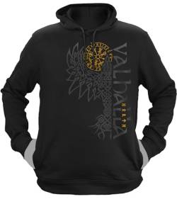 NØRTH Legendary Herren Hoodie mit Kapuze - Valhalla Odin Rabe Hugin Munin - nordische Wikinger Walhalla Geschenke für Männer, Valhalla Viking Herren Pullover, Farbe:Schwarz/Gelb, Größe:XL von vanVerden