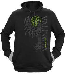 NØRTH Legendary Herren Hoodie mit Kapuze - Valhalla Odin Rabe Hugin Munin - nordische Wikinger Walhalla Geschenke für Männer, Valhalla Viking Herren Pullover, Farbe:Schwarz/Grün, Größe:XS von vanVerden