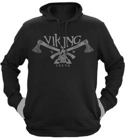 NØRTH Legendary Herren Hoodie mit Kapuze - Valknut Krieger Äxte - nordische Wikinger Walhalla Geschenke für Männer, Valhalla Viking Herren Pullover, Farbe:Schwarz/Stahlgrau, Größe:XXL von vanVerden