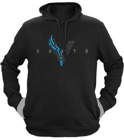 NØRTH Legendary Herren Hoodie mit Kapuze - Wikinger V - Viking Schrift - nordische Wikinger Walhalla Geschenke für Männer, Valhalla Viking Herren Pullover, Farbe:Schwarz/Blau, Größe:XXL von vanVerden