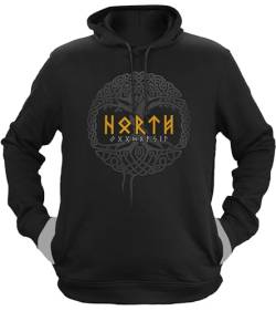 NØRTH Legendary Herren Hoodie mit Kapuze - Yggdrasil Lebensbaum - nordische Wikinger Walhalla Geschenke für Männer, Valhalla Viking Herren Pullover, Farbe:Schwarz/Gelb, Größe:L von vanVerden