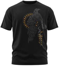 NØRTH Legendary Herren T-Shirt - Hugin und Munin Odin Raben Brust Aufdruck, nordische Wikinger Walhalla Geschenke für Männer, Odin Thor Valhalla Viking Shirt, Farbe:Schwarz/Gelb, Größe:3XL von vanVerden