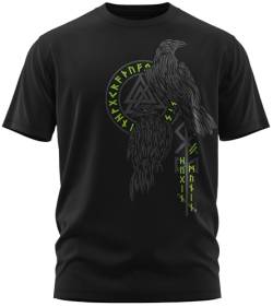 NØRTH Legendary Herren T-Shirt - Hugin und Munin Odin Raben Brust Aufdruck, nordische Wikinger Walhalla Geschenke für Männer, Odin Thor Valhalla Viking Shirt, Farbe:Schwarz/Grün, Größe:S von vanVerden