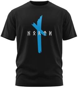 NØRTH Legendary Herren T-Shirt - Original North Runen Logo Brust Aufdruck, nordische Wikinger Walhalla Geschenke für Männer, Odin Thor Valhalla Viking Shirt, Farbe:Schwarz/Blau, Größe:L von vanVerden