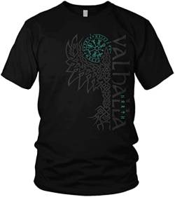 NØRTH Legendary Herren T-Shirt - Valhalla Odin Rabe Hugin Munin Brust Aufdruck, nordische Wikinger Walhalla Geschenke für Männer, Odin Thor Valhalla Viking Shirt, Farbe:Schwarz/Petrol, Größe:3XL von vanVerden