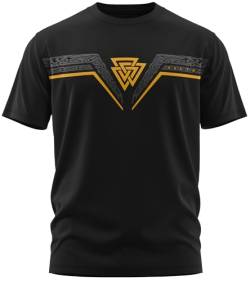 NØRTH Legendary Herren T-Shirt - Valknut Wotansknoten Brust Aufdruck, nordische Wikinger Walhalla Geschenke für Männer, Odin Thor Valhalla Viking Shirt, Farbe:Schwarz/Gelb, Größe:3XL von vanVerden