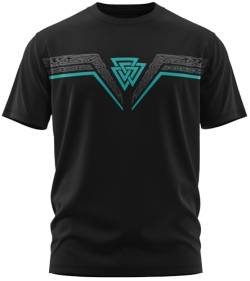 NØRTH Legendary Herren T-Shirt - Valknut Wotansknoten Brust Aufdruck, nordische Wikinger Walhalla Geschenke für Männer, Odin Thor Valhalla Viking Shirt, Farbe:Schwarz/Petrol, Größe:XXL von vanVerden