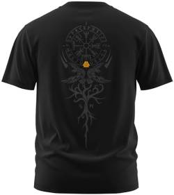 NØRTH Legendary Herren T-Shirt - Vegvisir Weltesche Weltenbaum Rücken Design, nordische Wikinger Walhalla Geschenke für Männer, Odin Thor Valhalla Viking Shirt, Farbe:Schwarz/Gelb, Größe:S von vanVerden