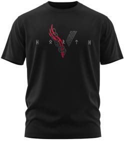 NØRTH Legendary Herren T-Shirt - Wikinger V - Viking Schrift Brust Aufdruck, nordische Wikinger Walhalla Geschenke für Männer, Odin Thor Valhalla Viking Shirt, Farbe:Schwarz/Blutrot, Größe:4XL von vanVerden