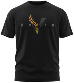 NØRTH Legendary Herren T-Shirt - Wikinger V - Viking Schrift Brust Aufdruck, nordische Wikinger Walhalla Geschenke für Männer, Odin Thor Valhalla Viking Shirt, Farbe:Schwarz/Gelb, Größe:3XL von vanVerden